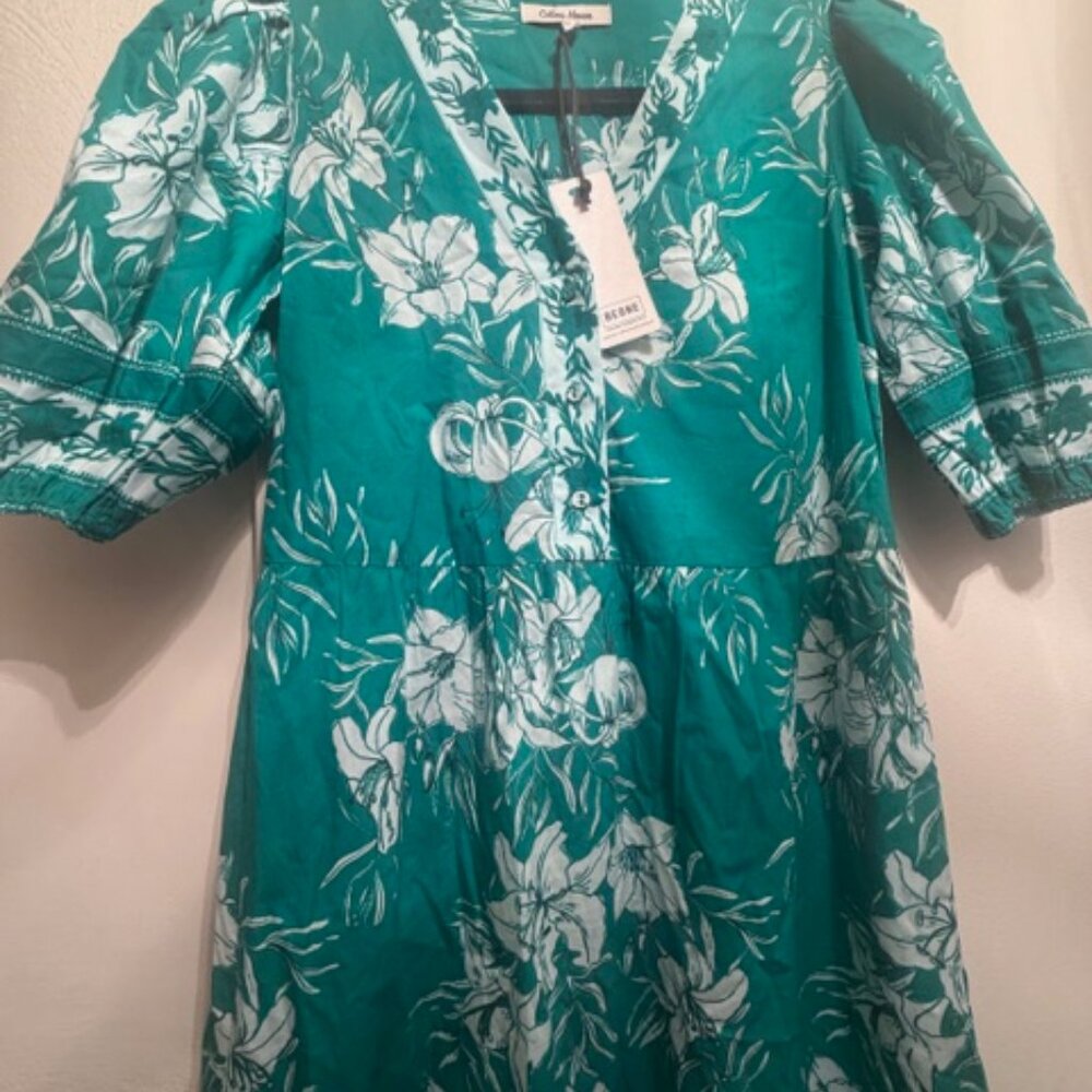 Tuckernuck Celina Moon Short Sleeve Cotton Pine Green Floral Maxi Size XS NWT